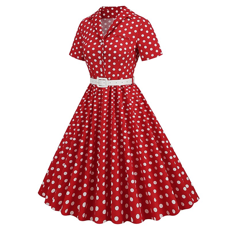 Women's 1950s Polka Dot Lapel Collar Swing Shirt Dress