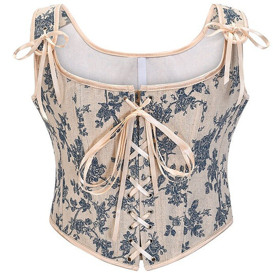 Vintage Floral Print Lace-Up Front U-Back Corset Top
