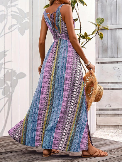 Retro 70s Bohemian Ethnic V-neck Empire Waist Flowy Maxi Dress