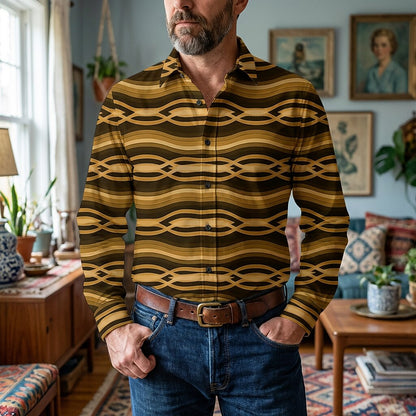 Retro 70S Wavy Geometric Stripe Pattern Long Sleeves Collar Shirt