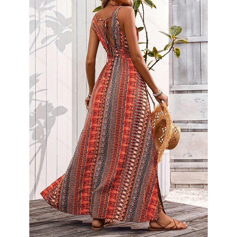 Retro 70s Bohemian Ethnic V-neck Empire Waist Flowy Maxi Dress