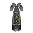 Vestido flapper con ribete de flecos y lentejuelas con set de accesorios