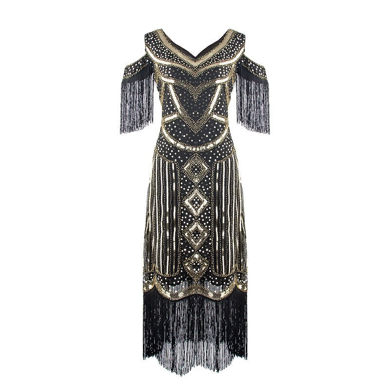 Sequin Tassel Trim Flapper Dress with ACCs