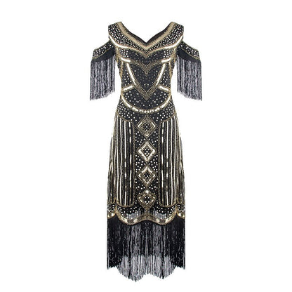 Sequin Tassel Trim Flapper Dress with ACCs