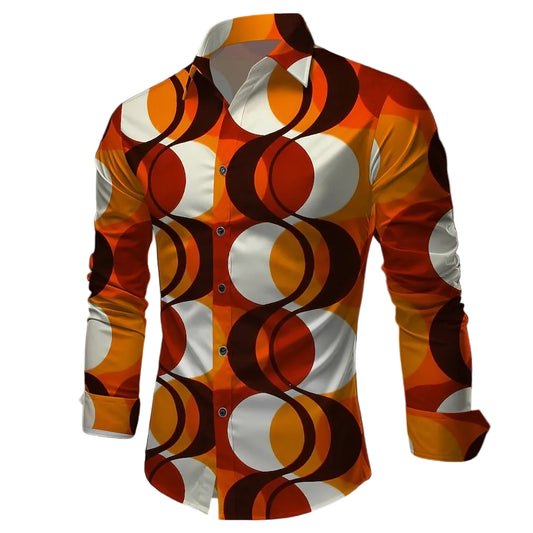 Retro 70S Geometric Circle Grid Long Sleeves Collar Shirt