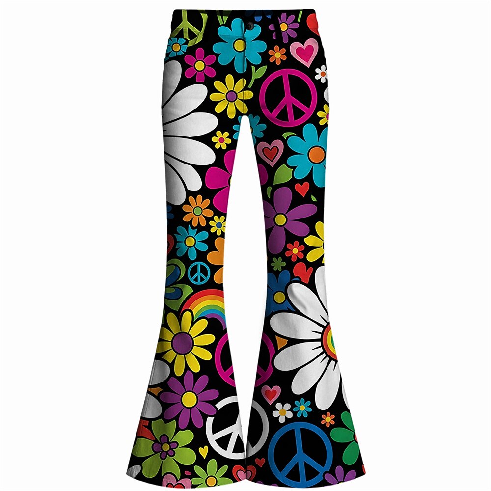 Retro 70s Peace Sign Floral Hearts High Waist Wide Flared Trousers