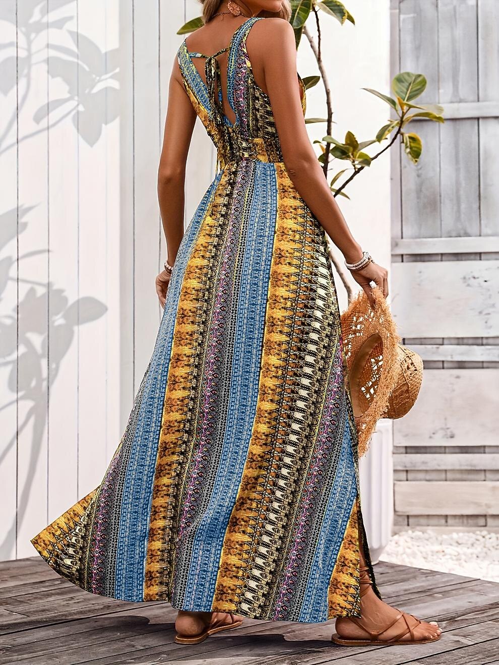Retro 70s Bohemian Ethnic V-neck Empire Waist Flowy Maxi Dress