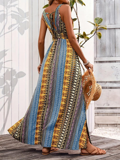Retro 70s Bohemian Ethnic V-neck Empire Waist Flowy Maxi Dress