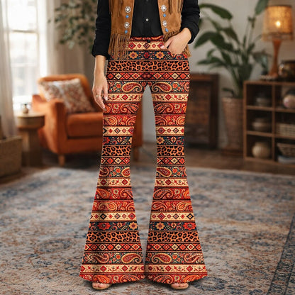 Retro 70s Boho Paisley Geometric High Waist Wide Flared Trousers