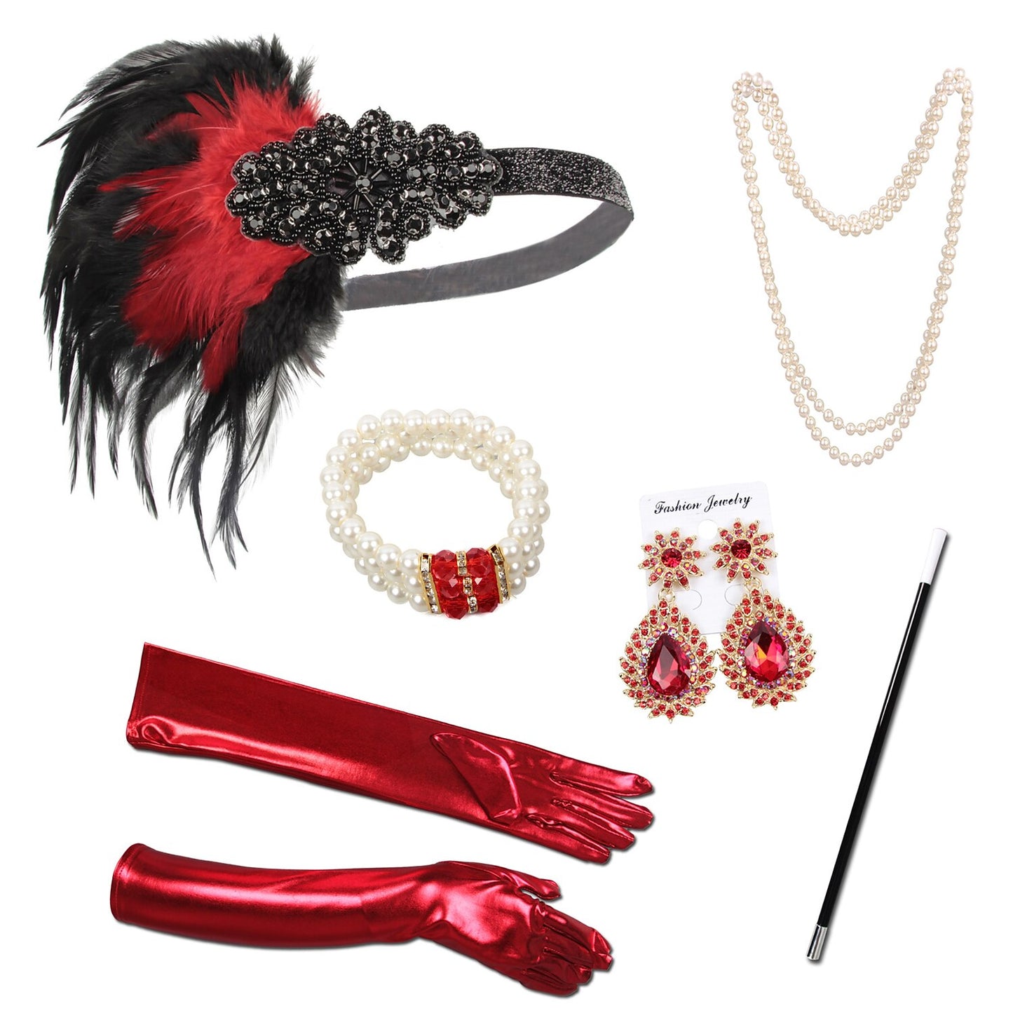1920s Flapper Accessory Set with Ruby Jewels