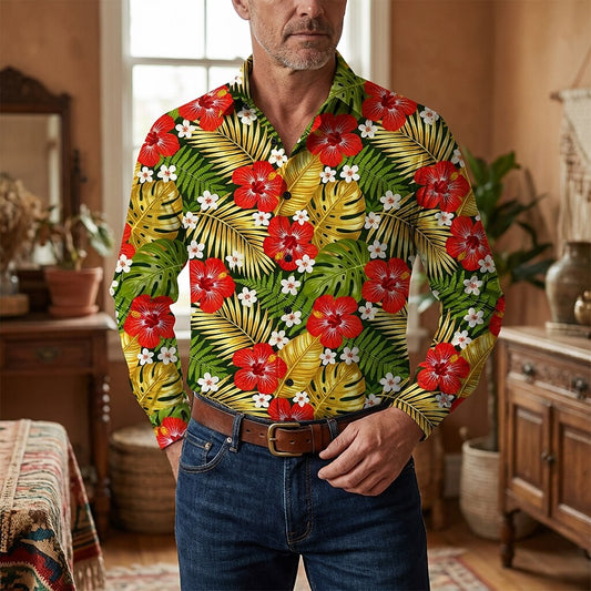 Retro 70S Tropical Hibiscus Palm Leaf Print Long Sleeves Collar Shirt