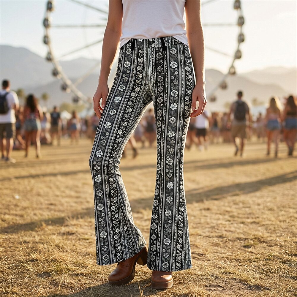 Retro 70s Striped Floral High Waist Wide Flared Trousers