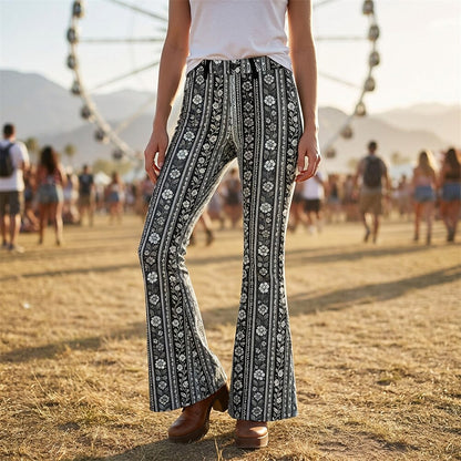 Retro 70s Striped Floral High Waist Wide Flared Trousers
