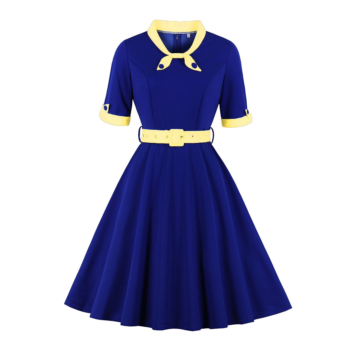 Women's 1950s Contrast Color Block Lapel Collar Belted A-Line Dress