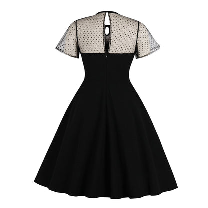 Women's 1950s Polka Dot Patchwork Tie Neck Sweetheart A-Line Dress