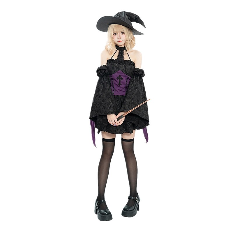 Gothic Witch Costume Black Purple Corset Mini Dress with Hat