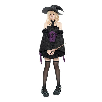 Gothic Witch Costume Black Purple Corset Mini Dress with Hat