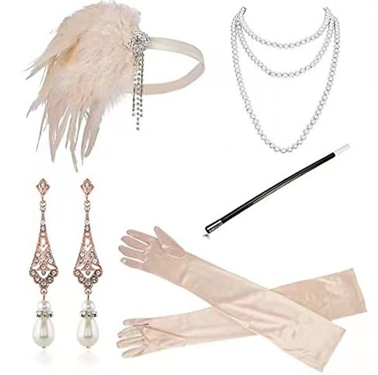 5Pcs 1920s Champagne Flapper Accessory Set