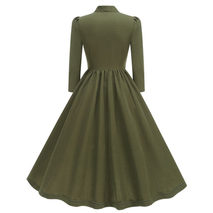 Women's 1950s Bow Tie Neck Long Sleeve A-Line Dress