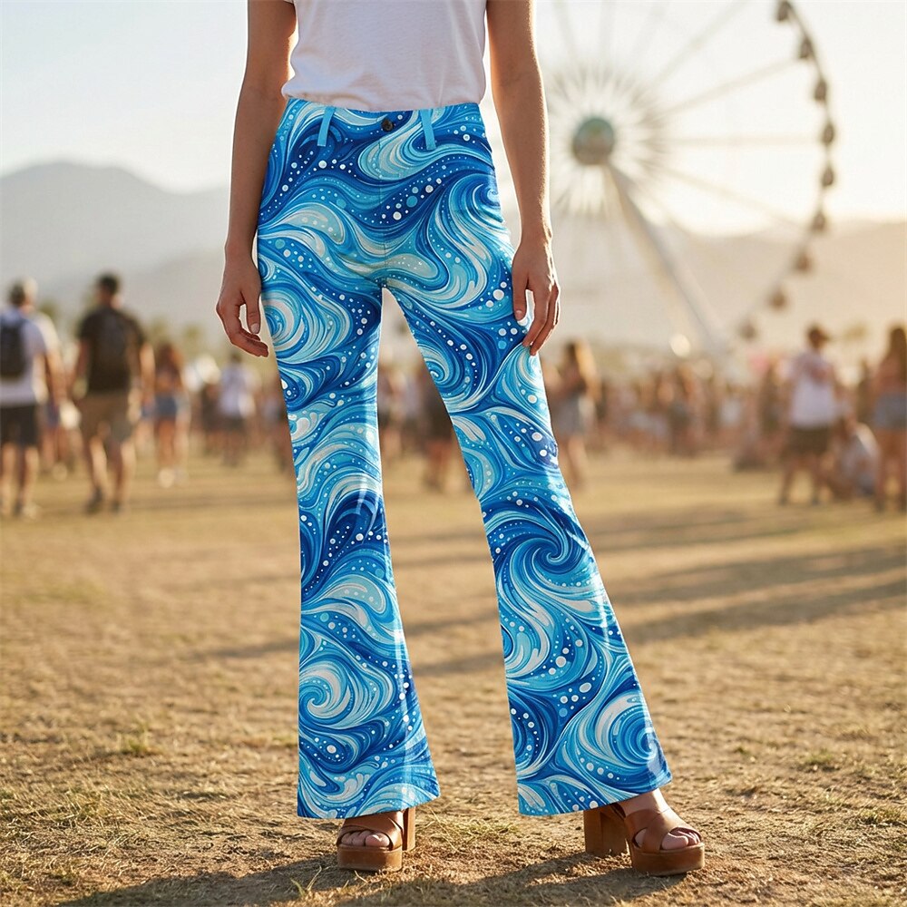 Retro 70s Swirling Waves High Waist Wide Flared Trousers