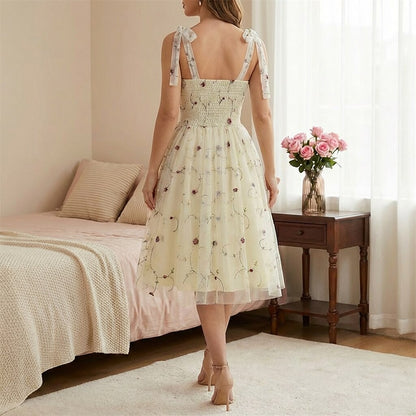 Embroidered Tie Strap Midi Dress
