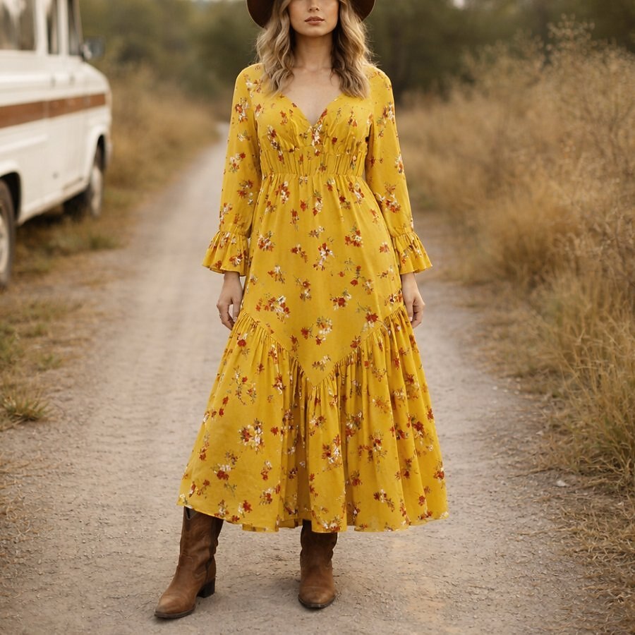 Retro 70s Bohemian Floral Fit-and-flare Maxi Dress