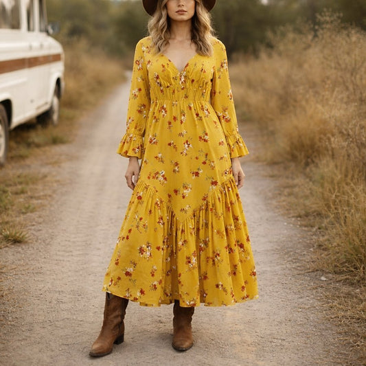 Retro 70s Bohemian Floral Fit-and-flare Maxi Dress