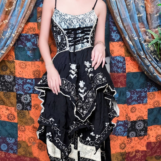 Boho Patchwork Lace Spaghetti Strap Dress Set