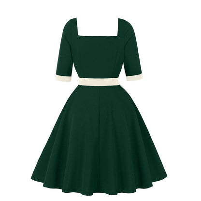 Women's 1950s Contrast Sweetheart Neck Half Sleeve A-Line Dress