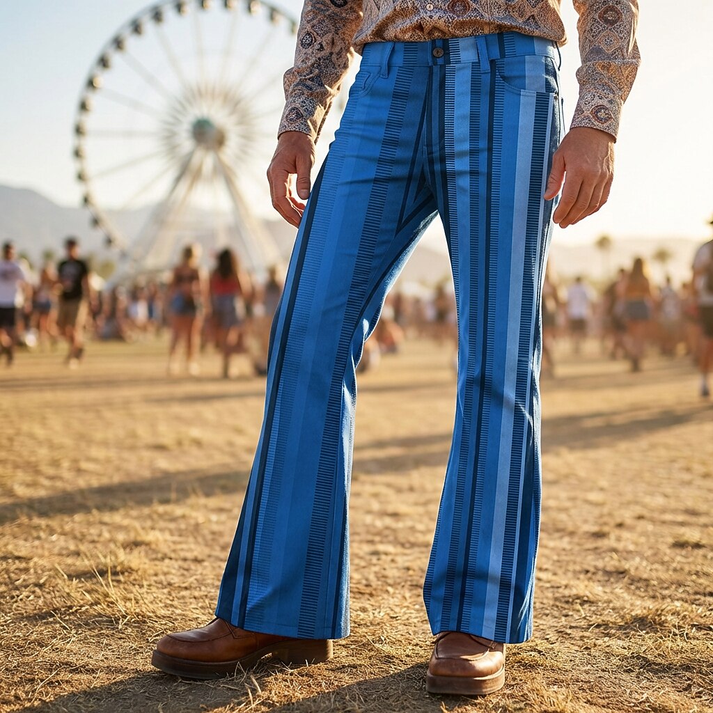 Retro 70s Blue Stripes High Waist Wide Flared Trousers