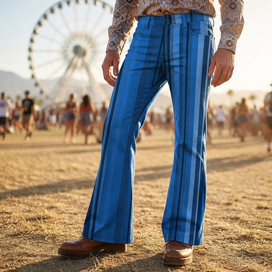 Retro 70s Blue Stripes High Waist Wide Flared Trousers