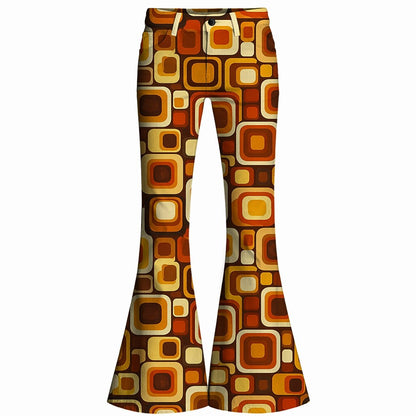 Retro 70s Geometric Square High Waist Wide Flared Trousers
