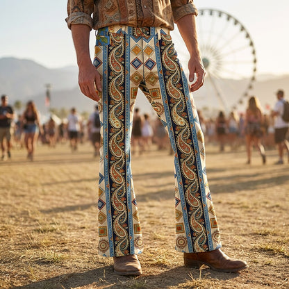 Retro 70s Paisley Geometric High Waist Wide Flared Trousers