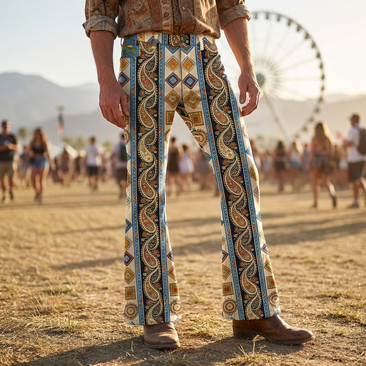 Retro 70s Paisley Geometric High Waist Wide Flared Trousers
