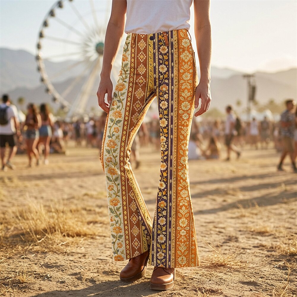 Retro 70s Floral Striped High Waist Wide Flared Trousers