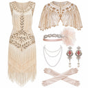 Women's Ivory 1920s Leaf Sequin Fringe 6-Piece Set