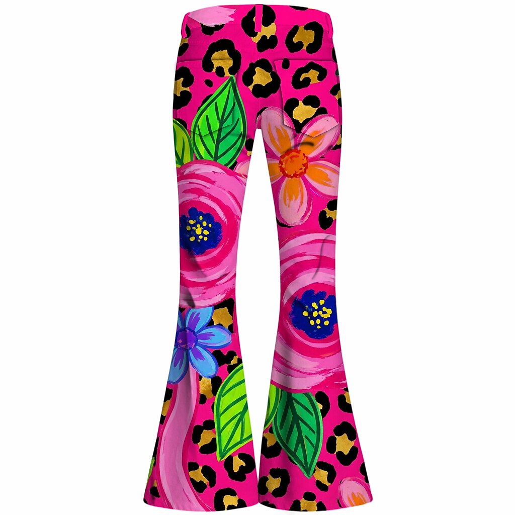 Retro 70s Floral Leopard Print High Waist Wide Flared Trousers in Pink