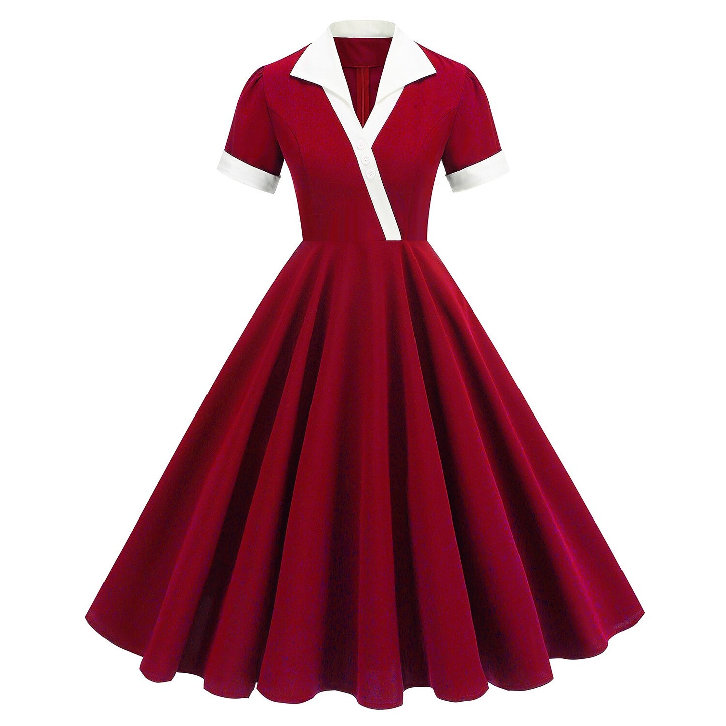 Women's 1950s Red Lapel Collar Short Sleeve Swing Dress