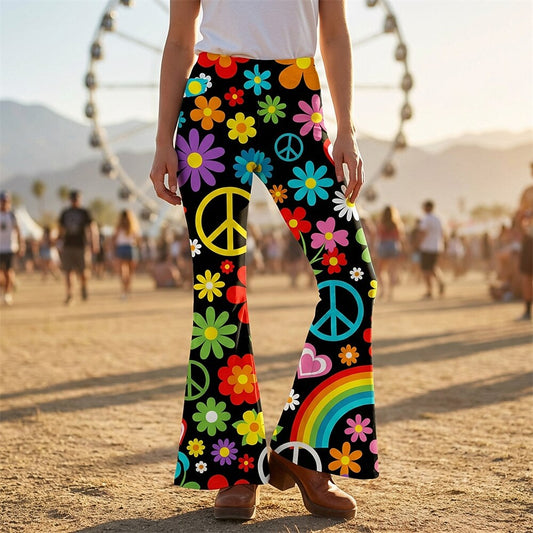Retro 70s Floral Peace Sign Rainbow High Waist Wide Flared Trousers