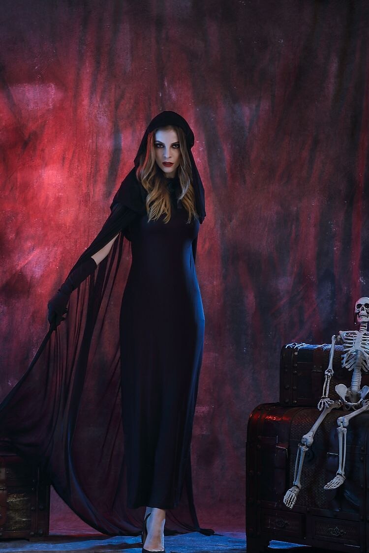Gothic Witch Costume Black Hooded Long Dress