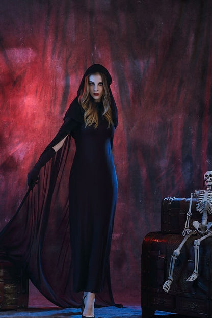 Gothic Witch Costume Black Hooded Long Dress