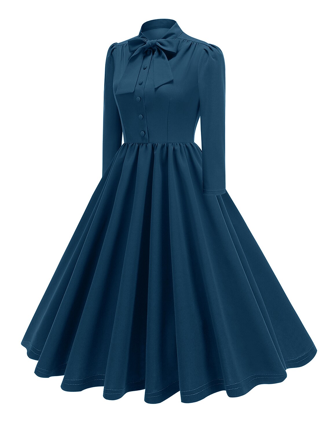 Women's 1950s Bow Tie Neck Long Sleeve A-Line Dress