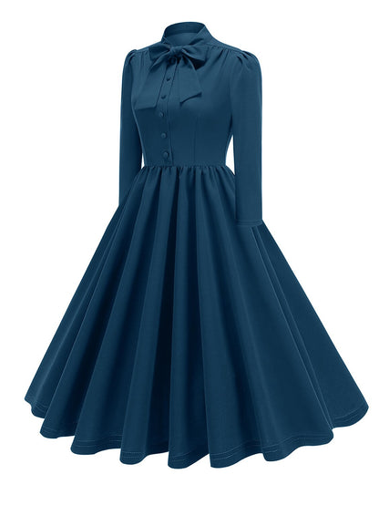 Women's 1950s Bow Tie Neck Long Sleeve A-Line Dress