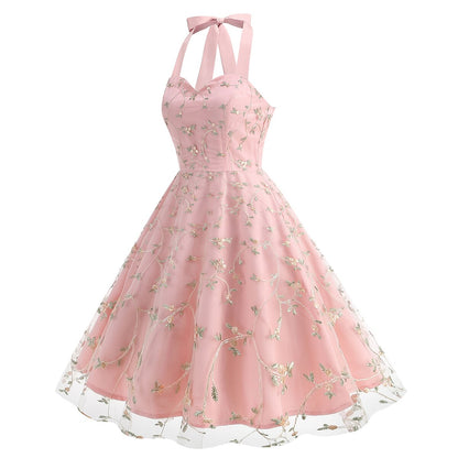 Floral Embroidered Halter Midi Dress