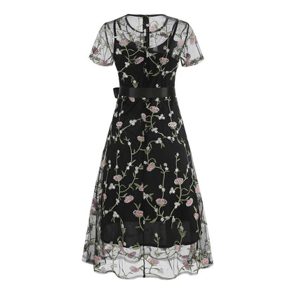 Floral Embroidered Mesh Midi Dress