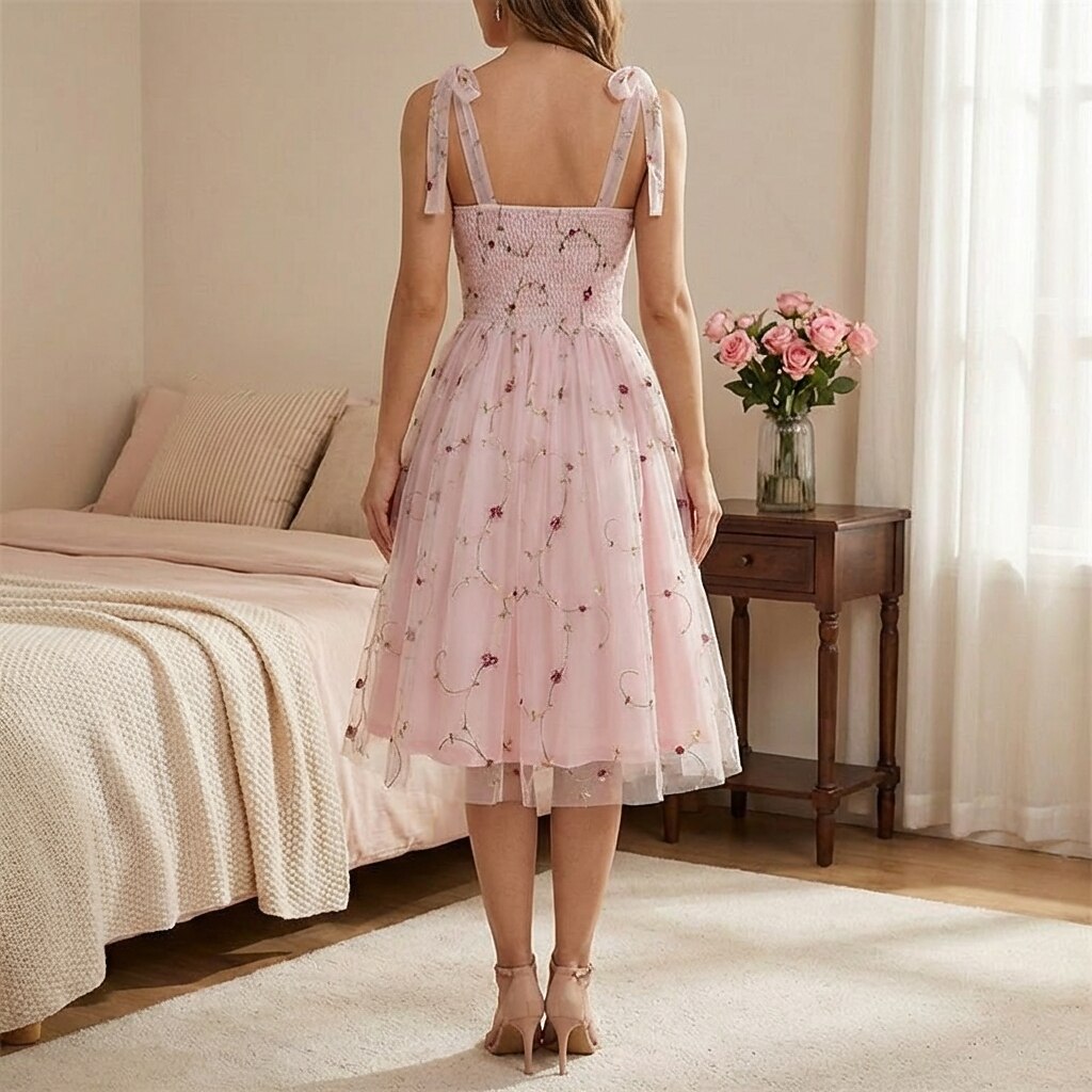 Embroidered Tie Strap Midi Dress