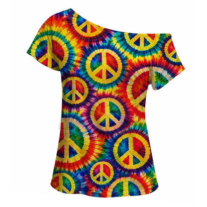 Retro 70s Peace Symbol Tie-Dye One Shoulder Short Sleeves T-shirt