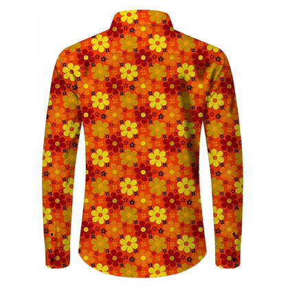 Retro 70S Groovy Floral Daisy Pattern Long Sleeves Collar Shirt