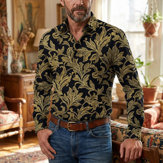 Retro 70S Vintage Baroque Floral Pattern Long Sleeves Collar Shirt