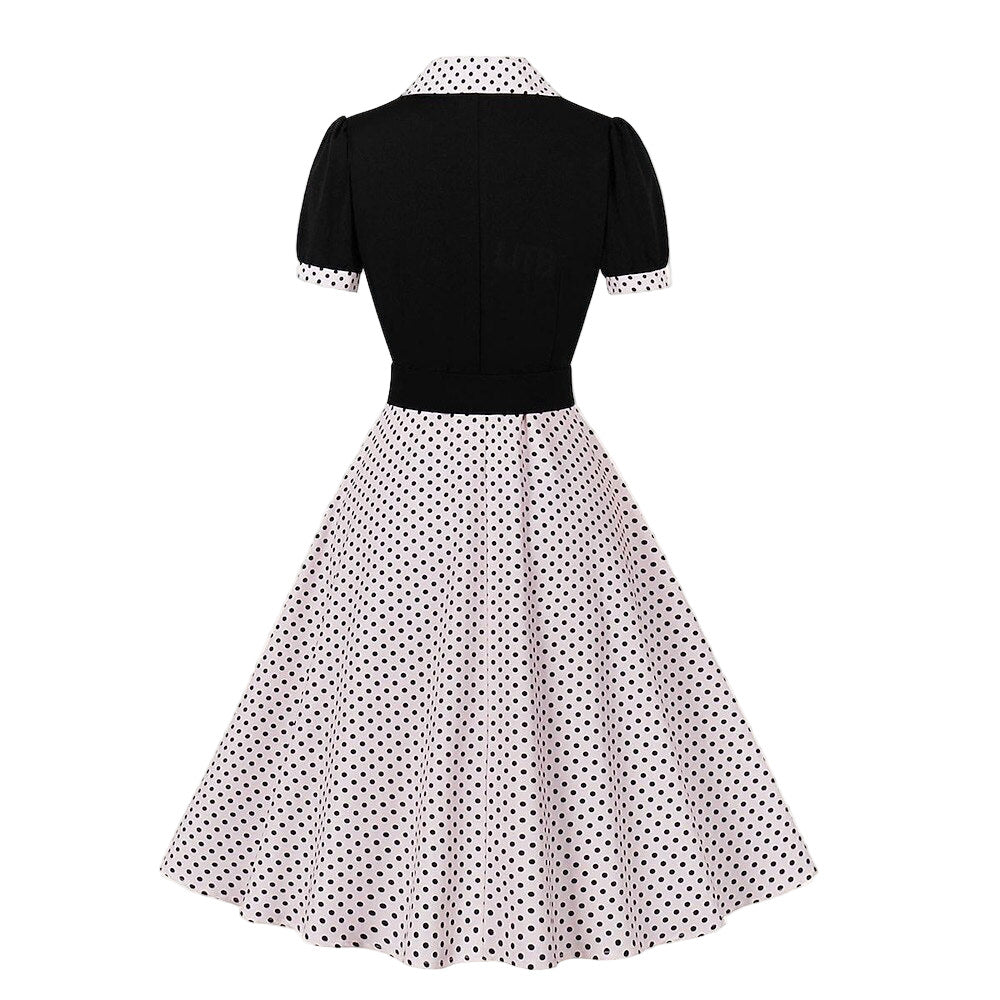 Women's 1950s Polka Dot Patchwork Lapel Collar Belted A-Line Rockabilly Dress